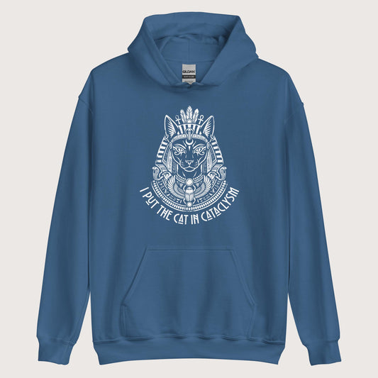 Indigo Blue Bastet I Put the Cat in Cataclysm Hoodie - history buff gift by HistoHead