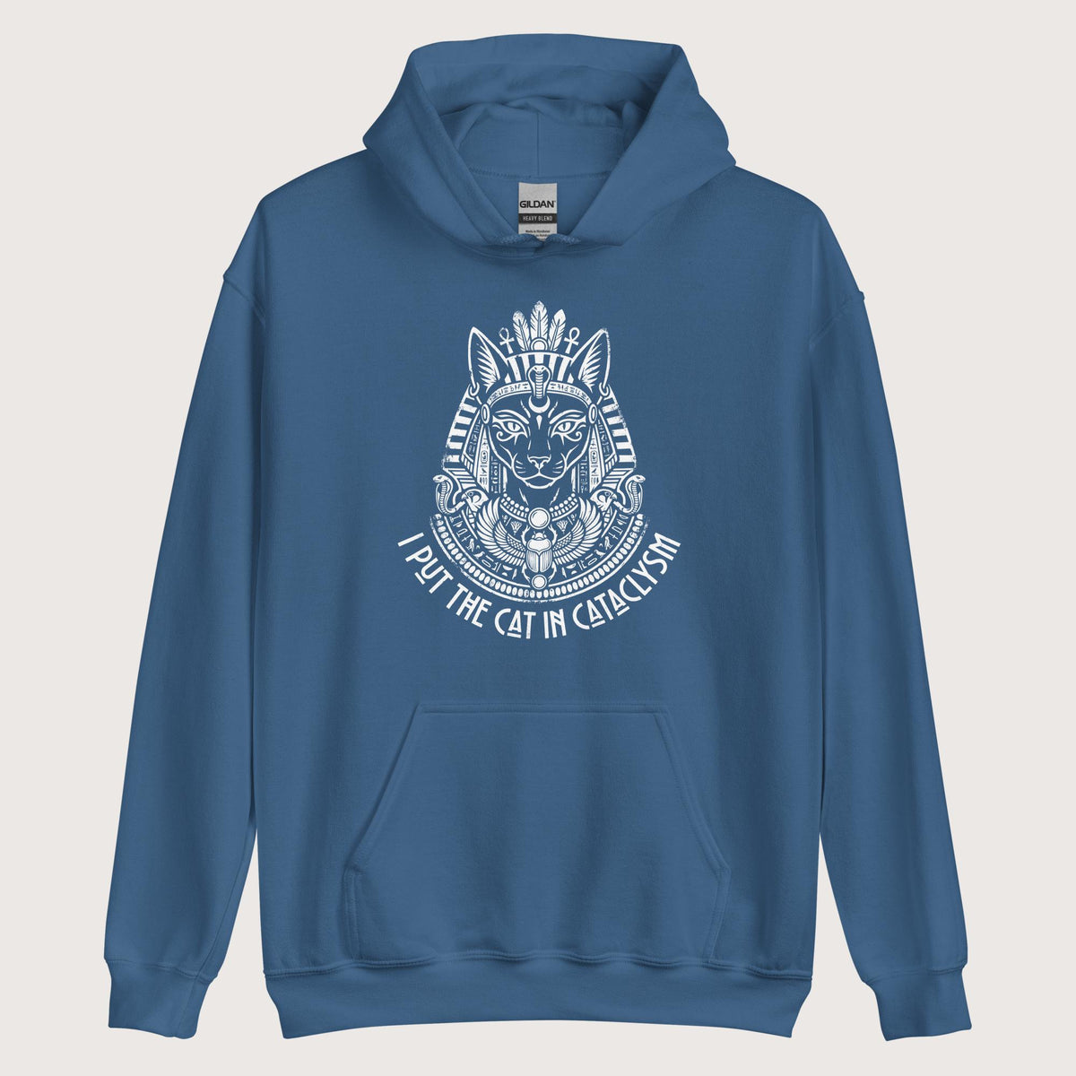 Indigo Blue Bastet I Put the Cat in Cataclysm Hoodie - history buff gift by HistoHead