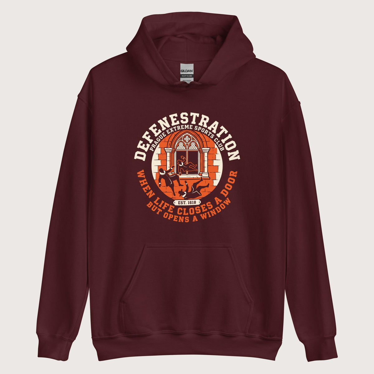 Maroon Defenestration Prague Extreme Sports Club Hoodie - history buff gift by HistoHead