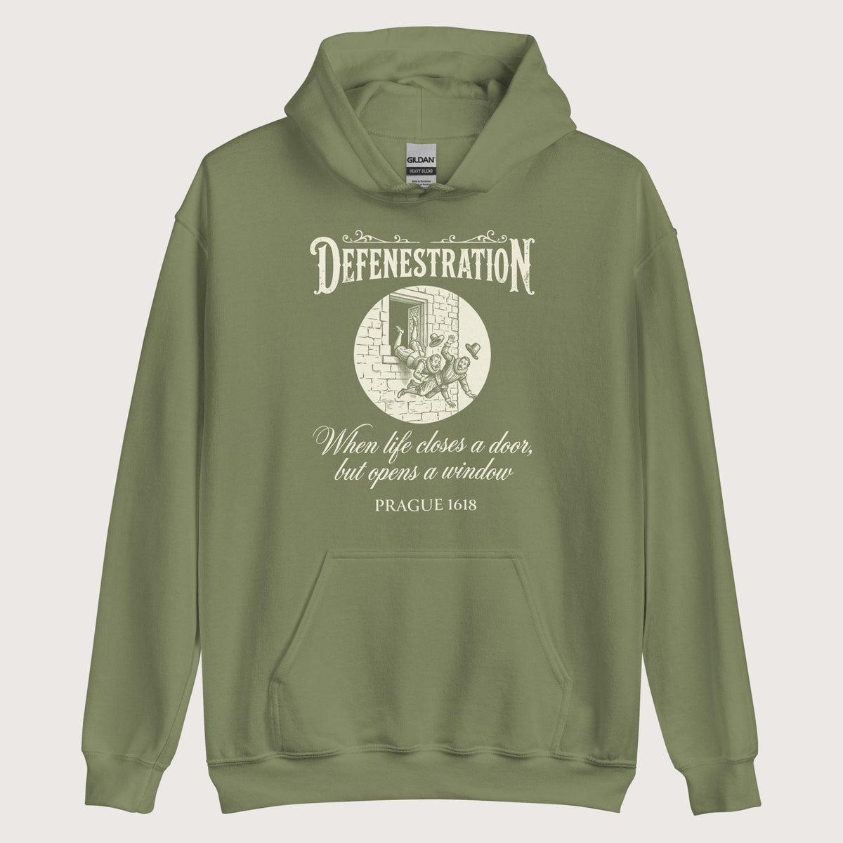 Military Green Defenestration When Life Closes A Door But Opens A Window Hoodie - history buff gift by HistoHead