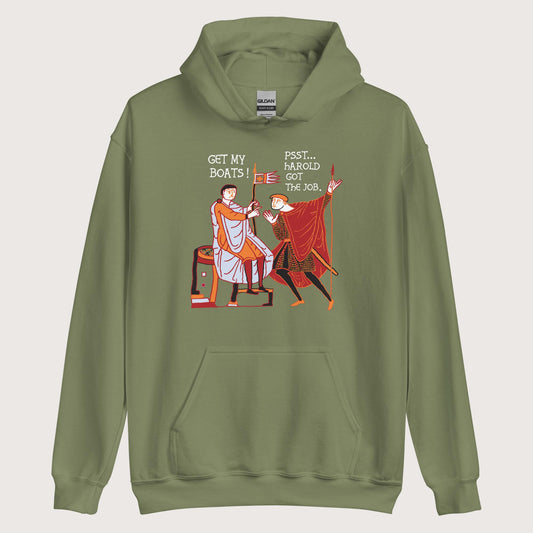 Military Green Bayeux Tapestry Harold Got the Job Hoodie - history buff gift by HistoHead
