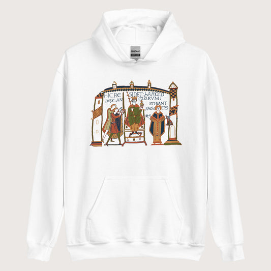 White Here Sits Throned Harold King of the English Bayeux Tapestry Hoodie - history buff gift by HistoHead