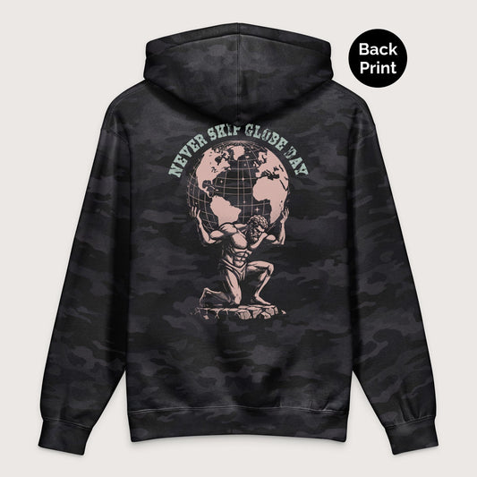 Black Camo Atlas Never Skip Globe Day - Premium Hoodie - Back Print - history buff gift by HistoHead