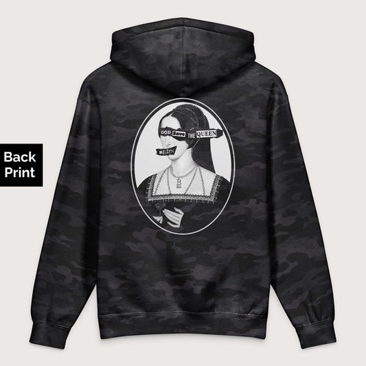 Black Camo God Save the Queen Anne Boleyn - Premium Hoodie - Back Print - history buff gift by HistoHead
