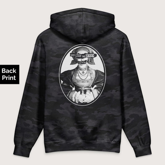 Black Camo God Save the Queen Anne of Cleves - Premium Hoodie - Back Print - history buff gift by HistoHead