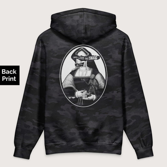Black Camo God Save the Queen Katherine of Aragon - Premium Hoodie - Back Print - history buff gift by HistoHead