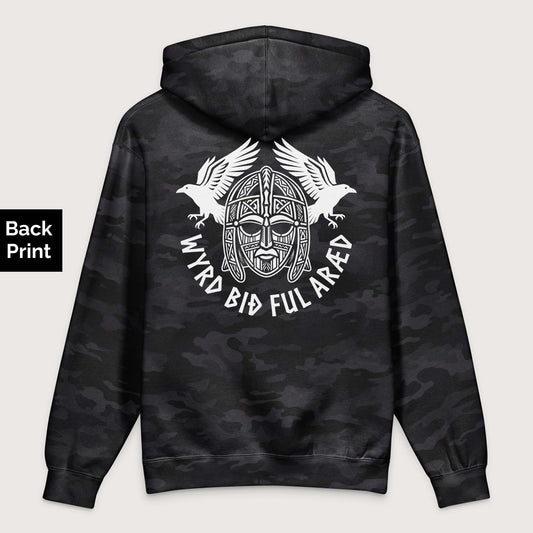 Black Camo Wyrd Bið Ful Aræd Sutton Hoo Helmet Edition - Premium Hoodie - Back Print - history buff gift by HistoHead