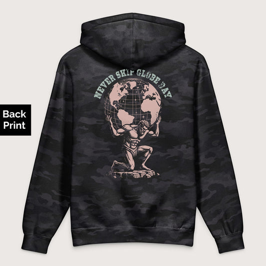 Black Camo Atlas Never Skip Globe Day - Premium Hoodie - Back Print - history buff gift by HistoHead