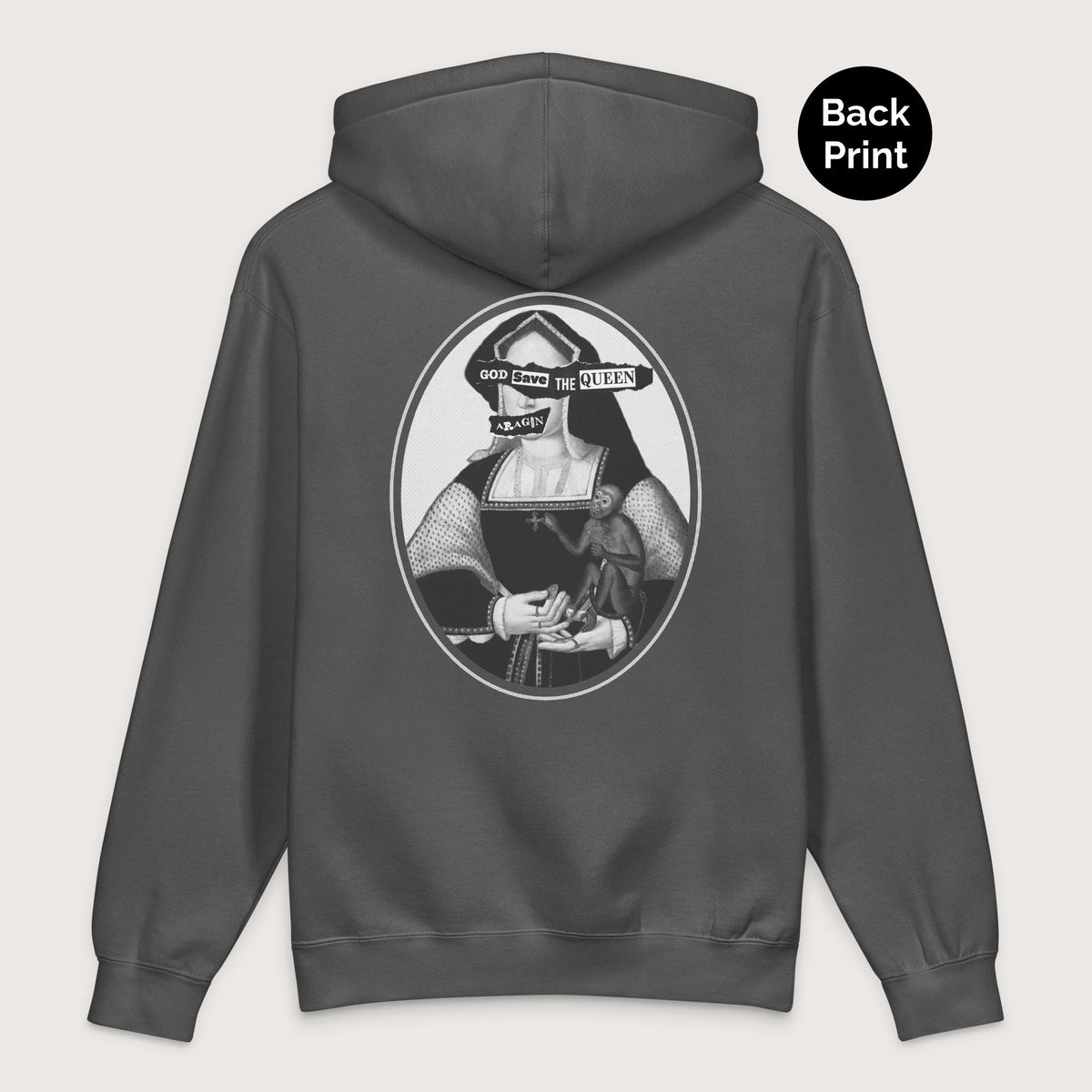 Charcoal Solid God Save the Queen Katherine of Aragon - Premium Hoodie - Back Print - history buff gift by HistoHead