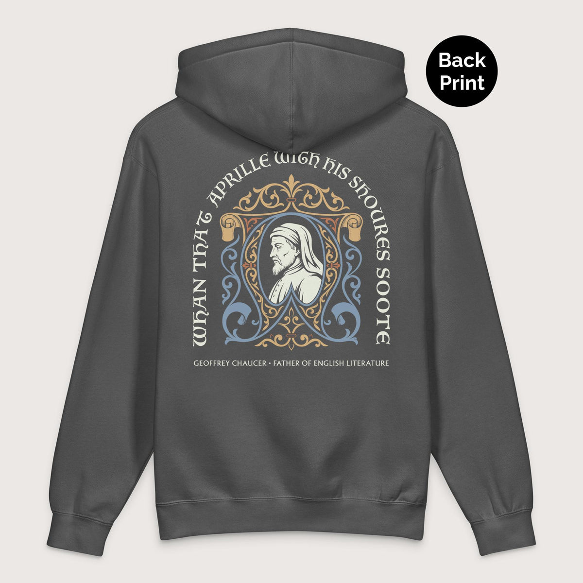 Charcoal Solid Geoffrey Chaucer - Premium Hoodie - Back Print - history buff gift by HistoHead
