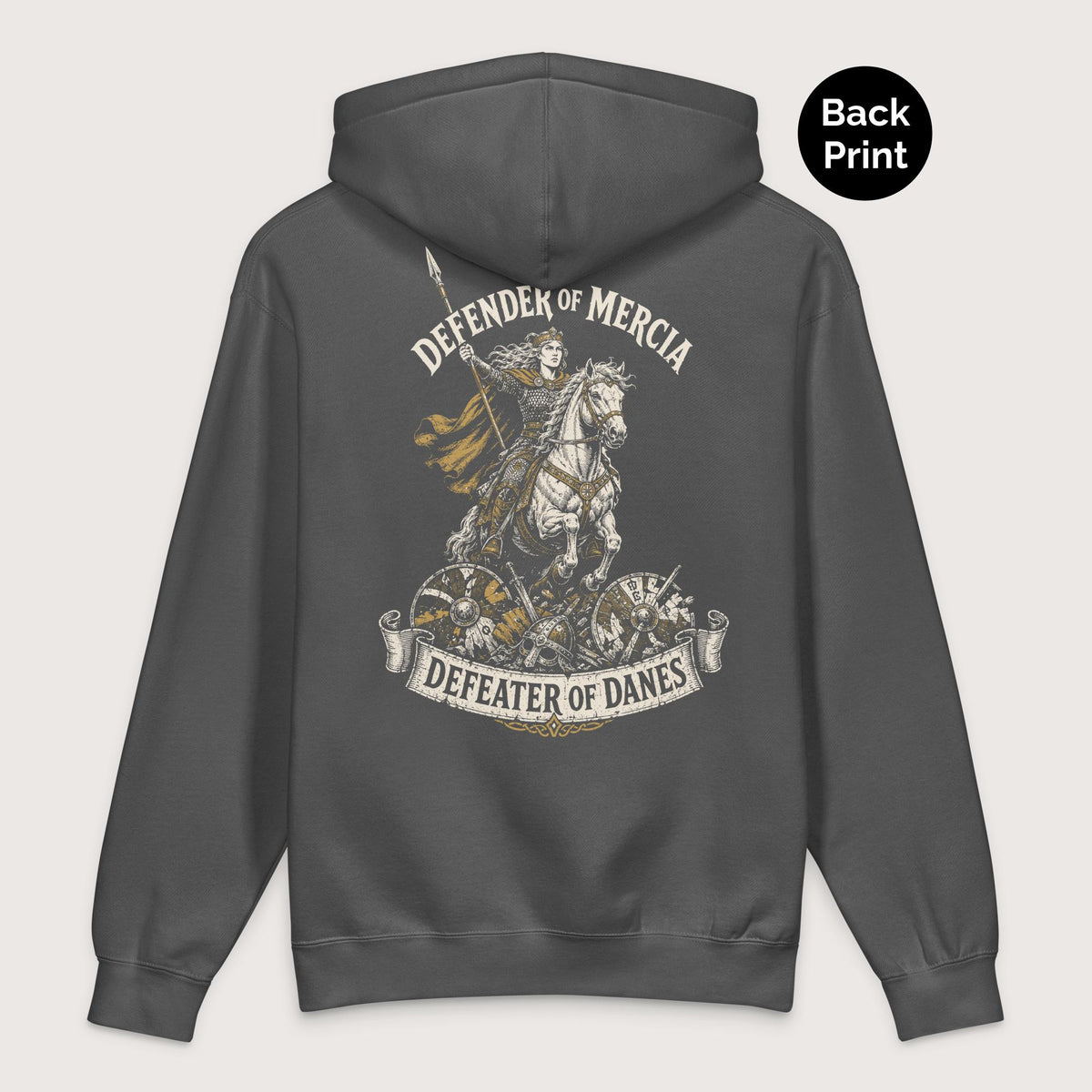 Charcoal Solid Æthelflæd Defender of Mercia - Premium Hoodie - Back Print - history buff gift by HistoHead