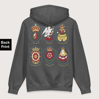 Charcoal Solid Six Wives Badges - Premium Hoodie - Back Print - history buff gift by HistoHead