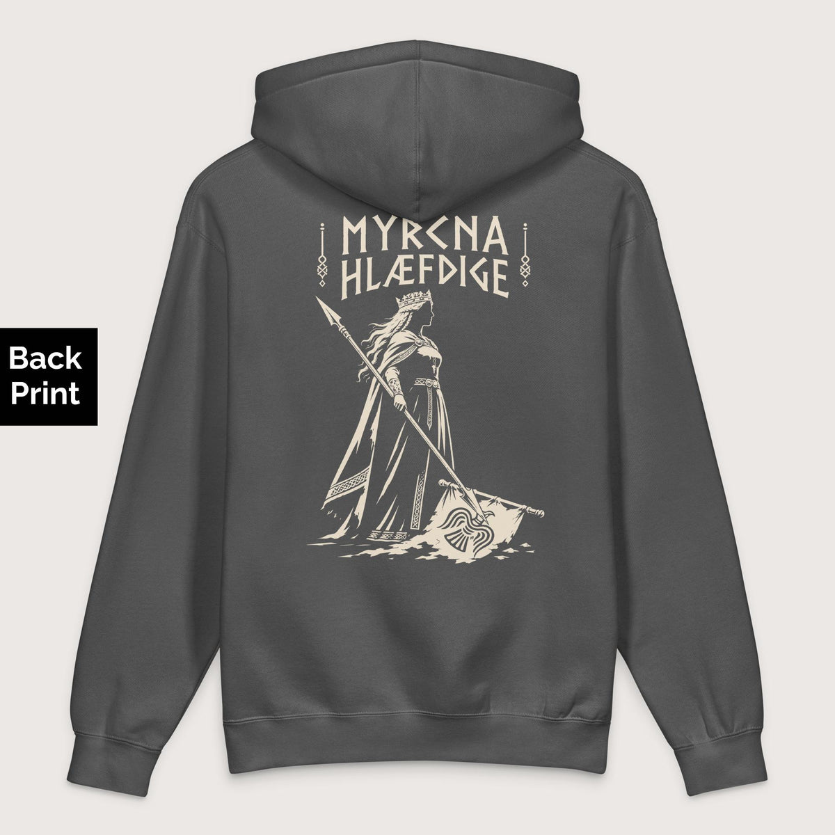 Charcoal Solid Æthelflæd Myrcna Hlæfdige - Premium Hoodie - Back Print - history buff gift by HistoHead