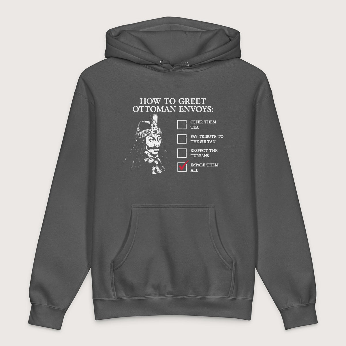 Charcoal Solid Vlad the Impaler How to Greet Guide - Premium Hoodie - history buff gift by HistoHead