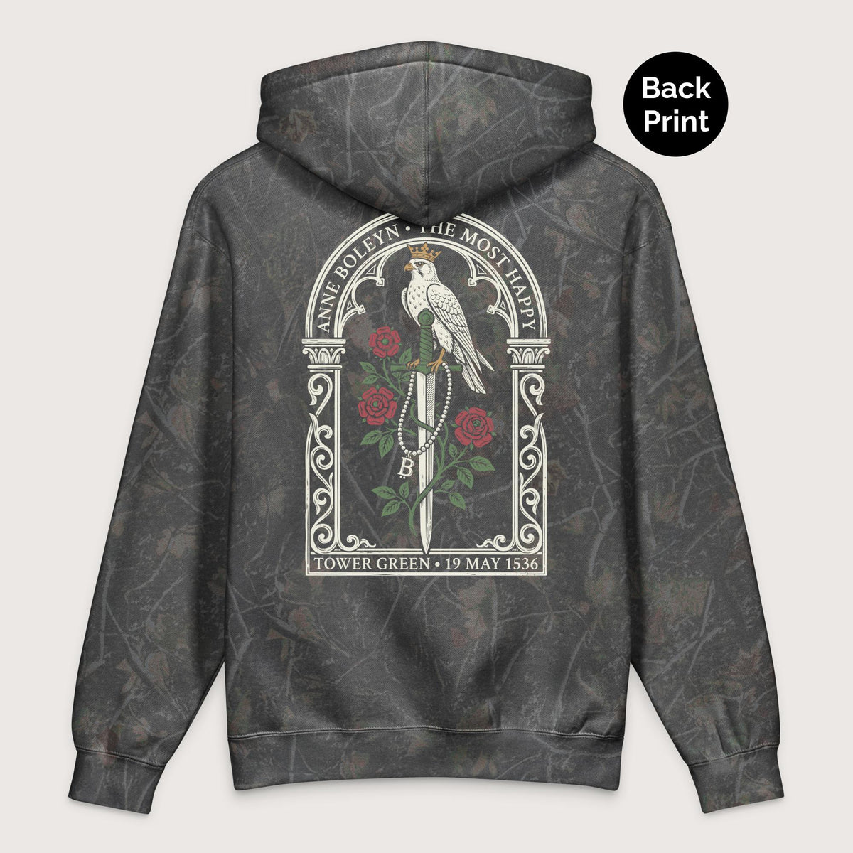 Darkwood Tree Camo Anne Boleyn Falcon - Premium Hoodie - Back Print - history buff gift by HistoHead