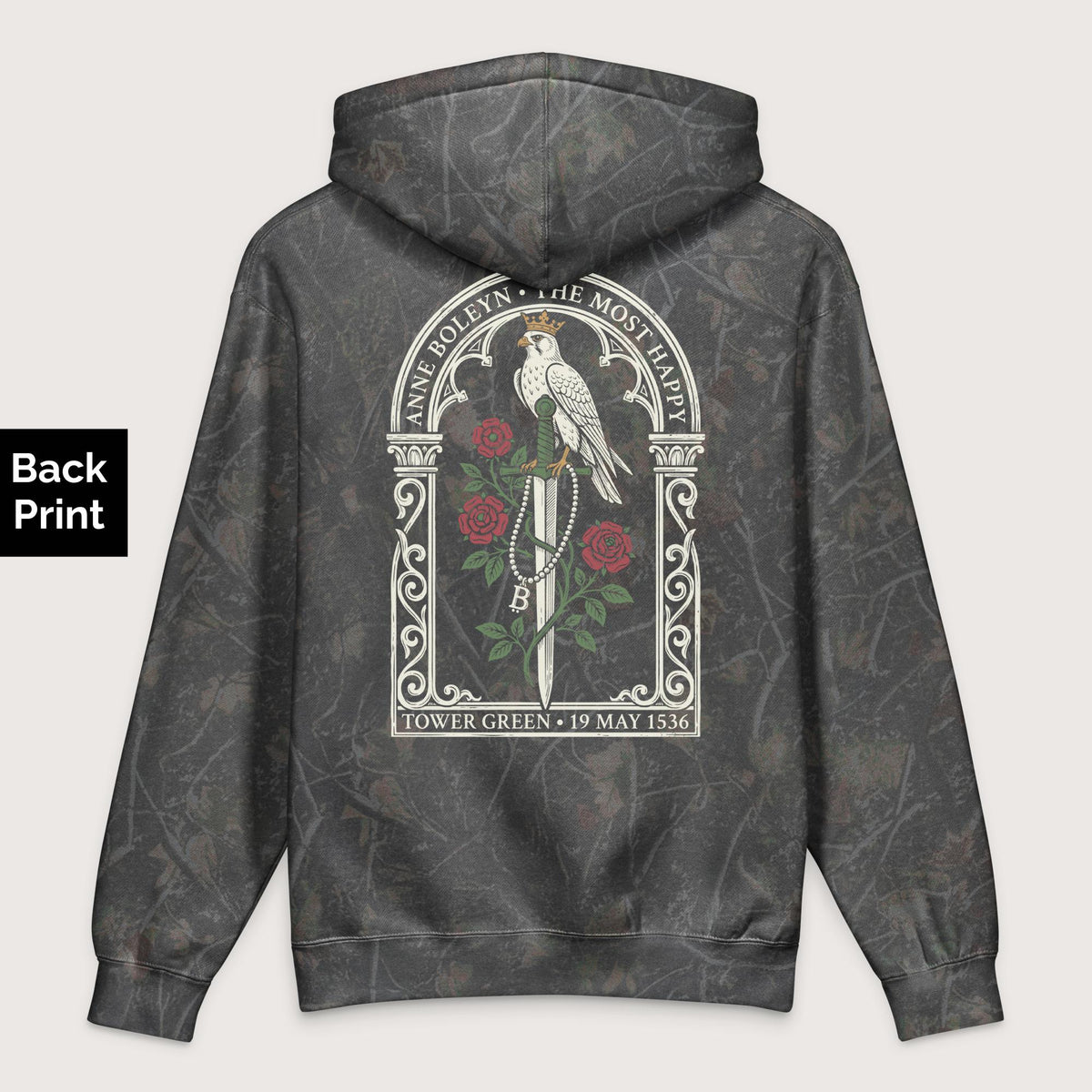 Darkwood Tree Camo Anne Boleyn Falcon - Premium Hoodie - Back Print - history buff gift by HistoHead