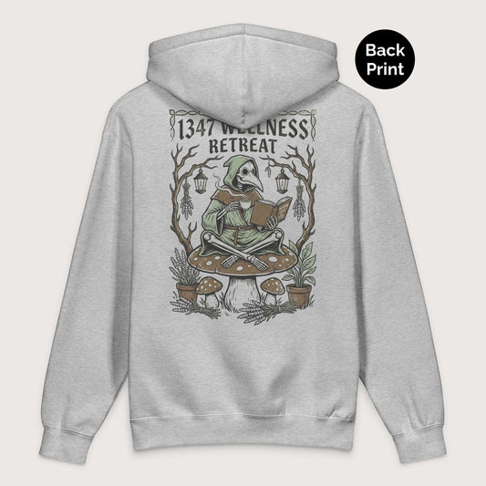 Grey Heather Plague Doctor Wellness Retreat - Premium Hoodie - Back Print - history buff gift by HistoHead