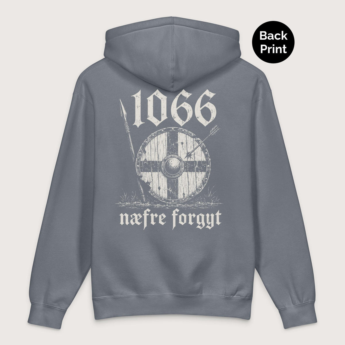 Storm Blue 1066 Never Forget in Old English - Premium Hoodie - Back Print - history buff gift by HistoHead