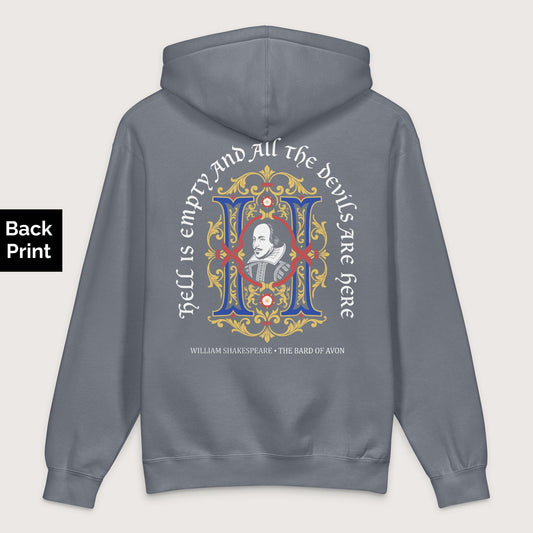 Storm Blue Shakespeare Hell Is Empty - Premium Hoodie - Back Print - history buff gift by HistoHead