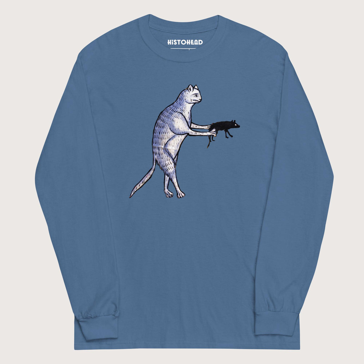 Indigo Blue Weird Medieval Cat's Mouse-Gun - Long Sleeve - history buff gift by HistoHead