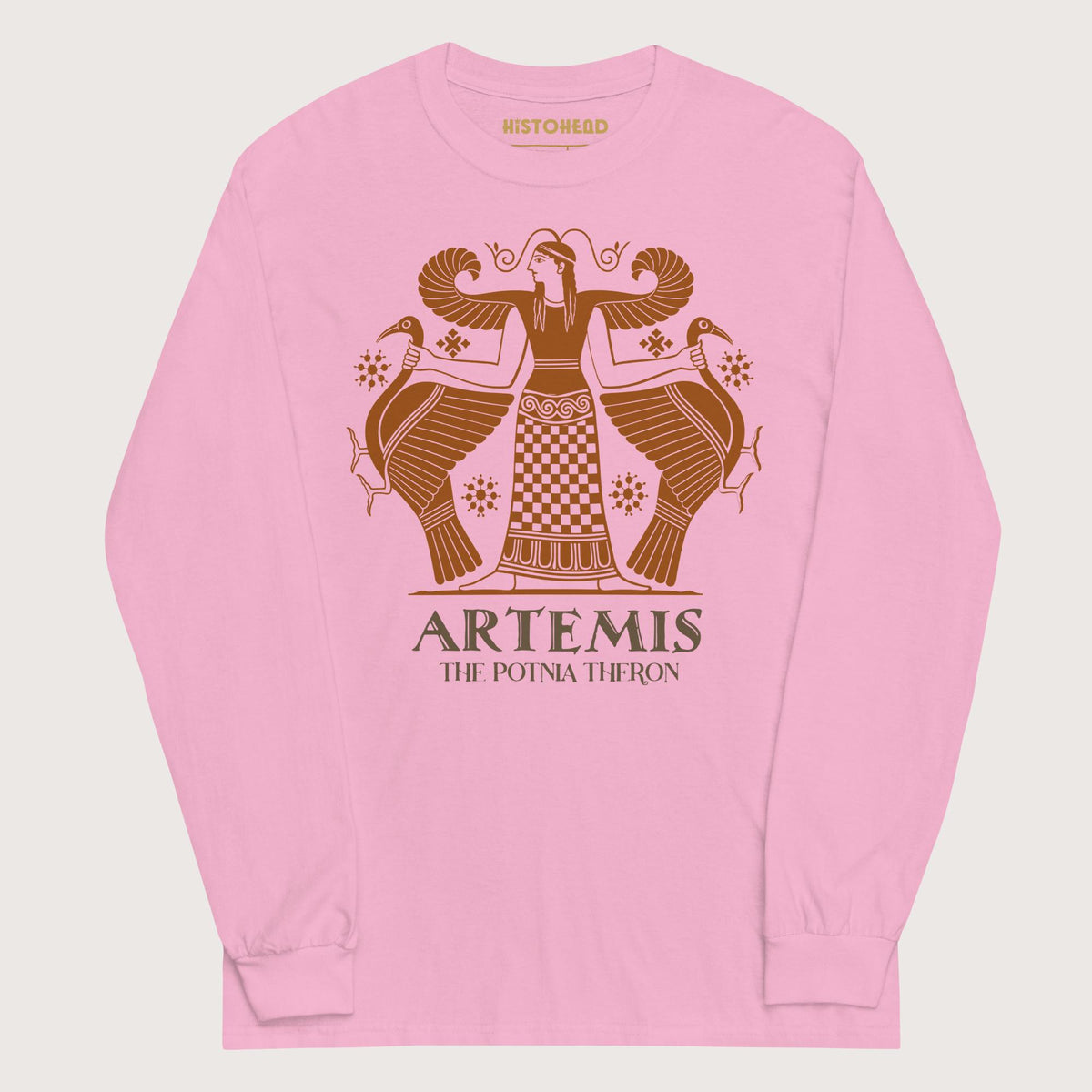 Light Pink Artemis the Potnia Theron Pottery Art - Long Sleeve - history buff gift by HistoHead