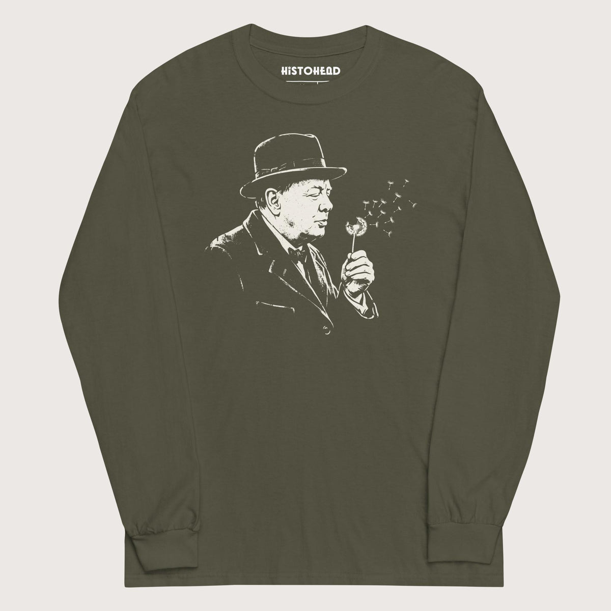 Military Green Winston Churchill Blowing Wishes - Long Sleeve - history buff gift by HistoHead