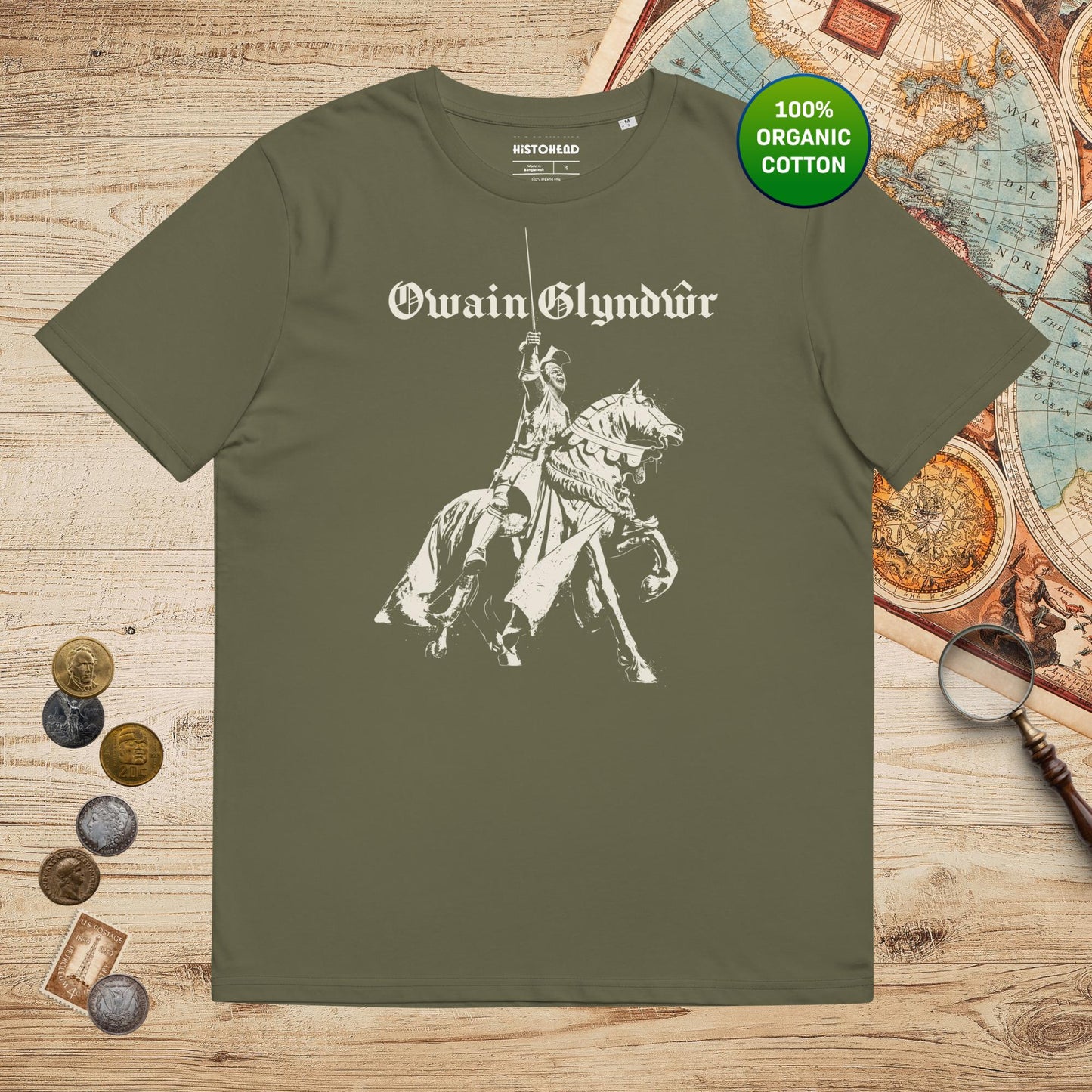 Khaki Owain Glyndŵr Statue - Organic Tee - history buff gift by HistoHead