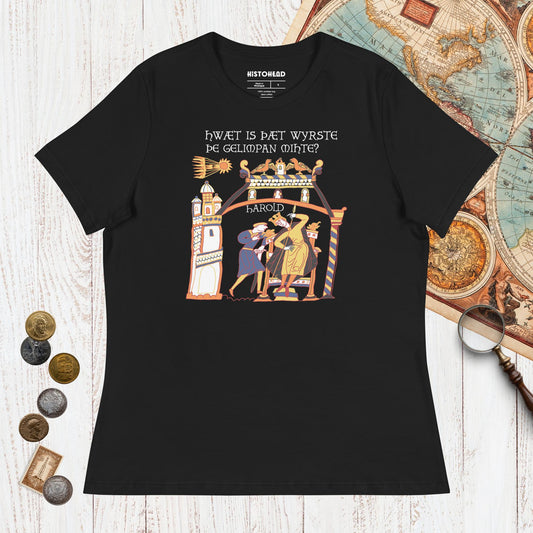 Black Bayeux Tapestry What's the Worst That Could Happen in Old English - Women's Tee - history buff gift by HistoHead