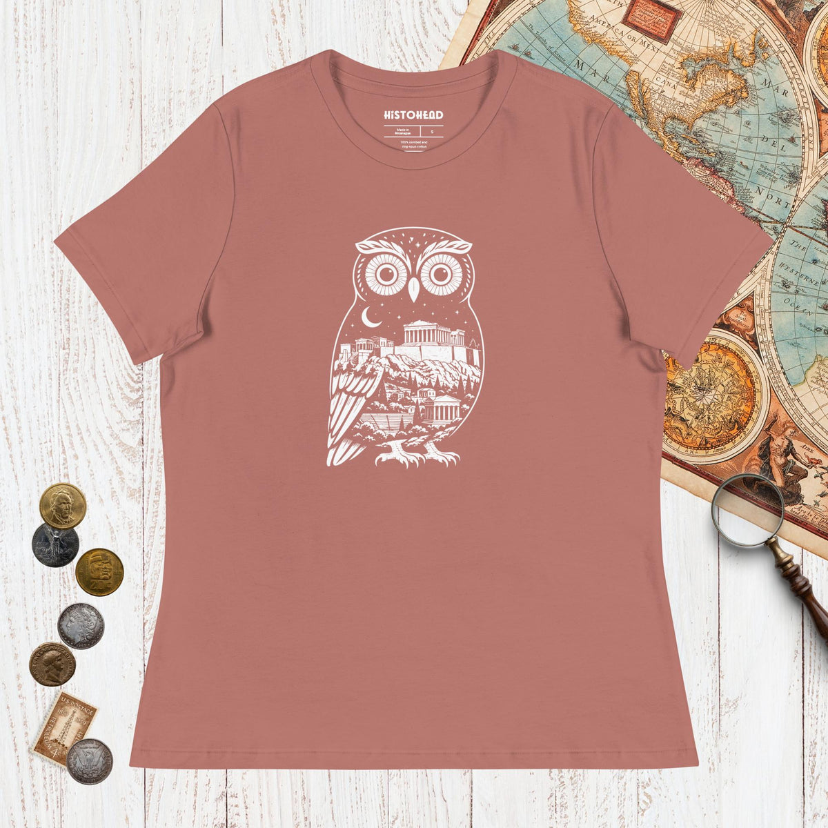 Mauve Athena Owl - Women's Tee - history buff gift by HistoHead