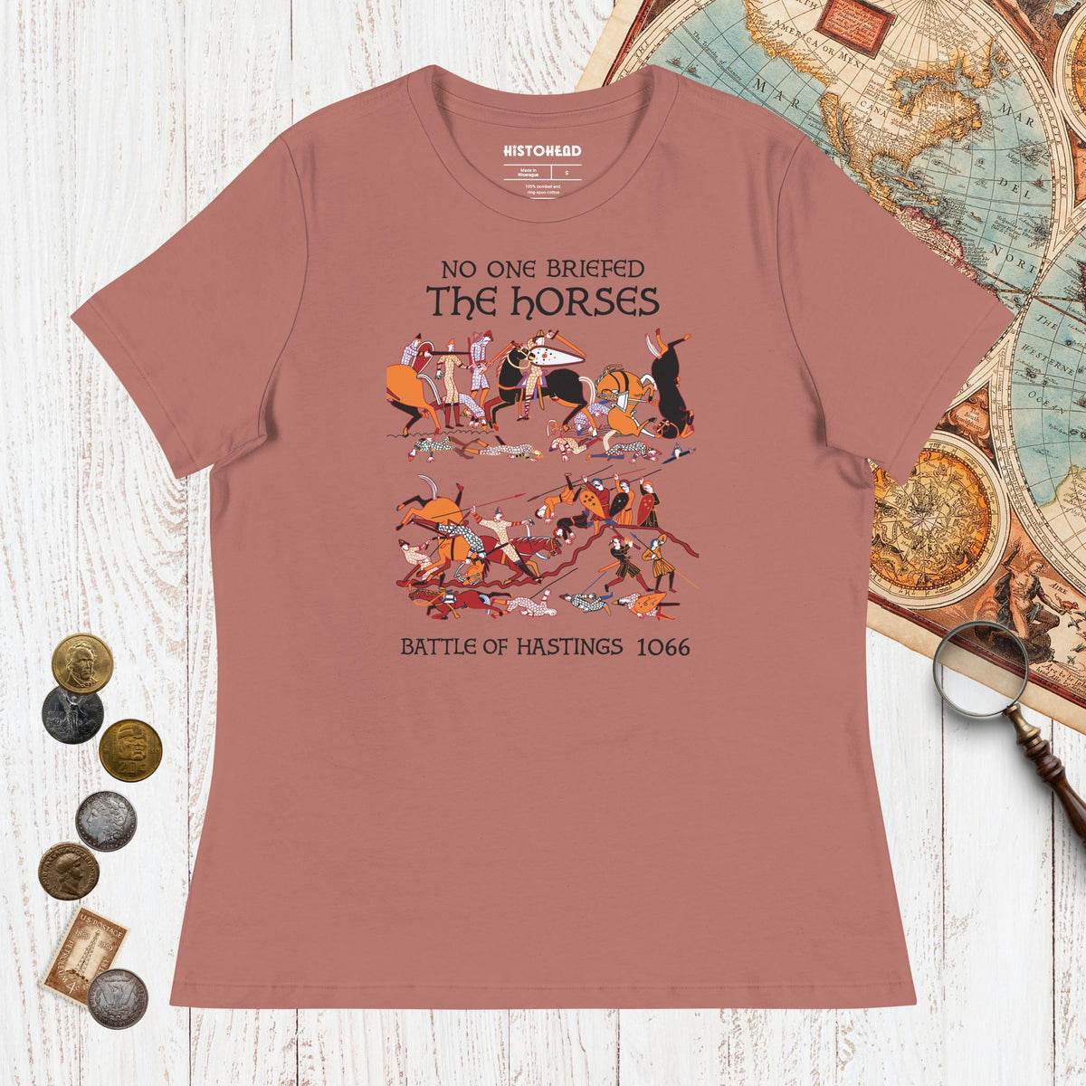 Mauve Bayeux Tapestry No One Briefed the Horses - Women's Tee - history buff gift by HistoHead