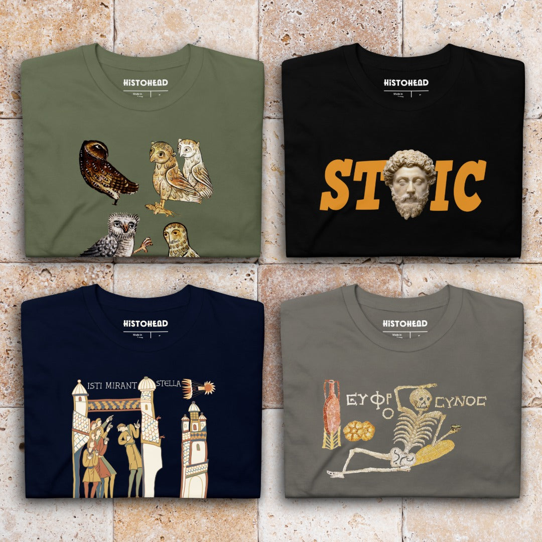 Four HistoHead t-shirts with different history-themed designs on a textured stone background