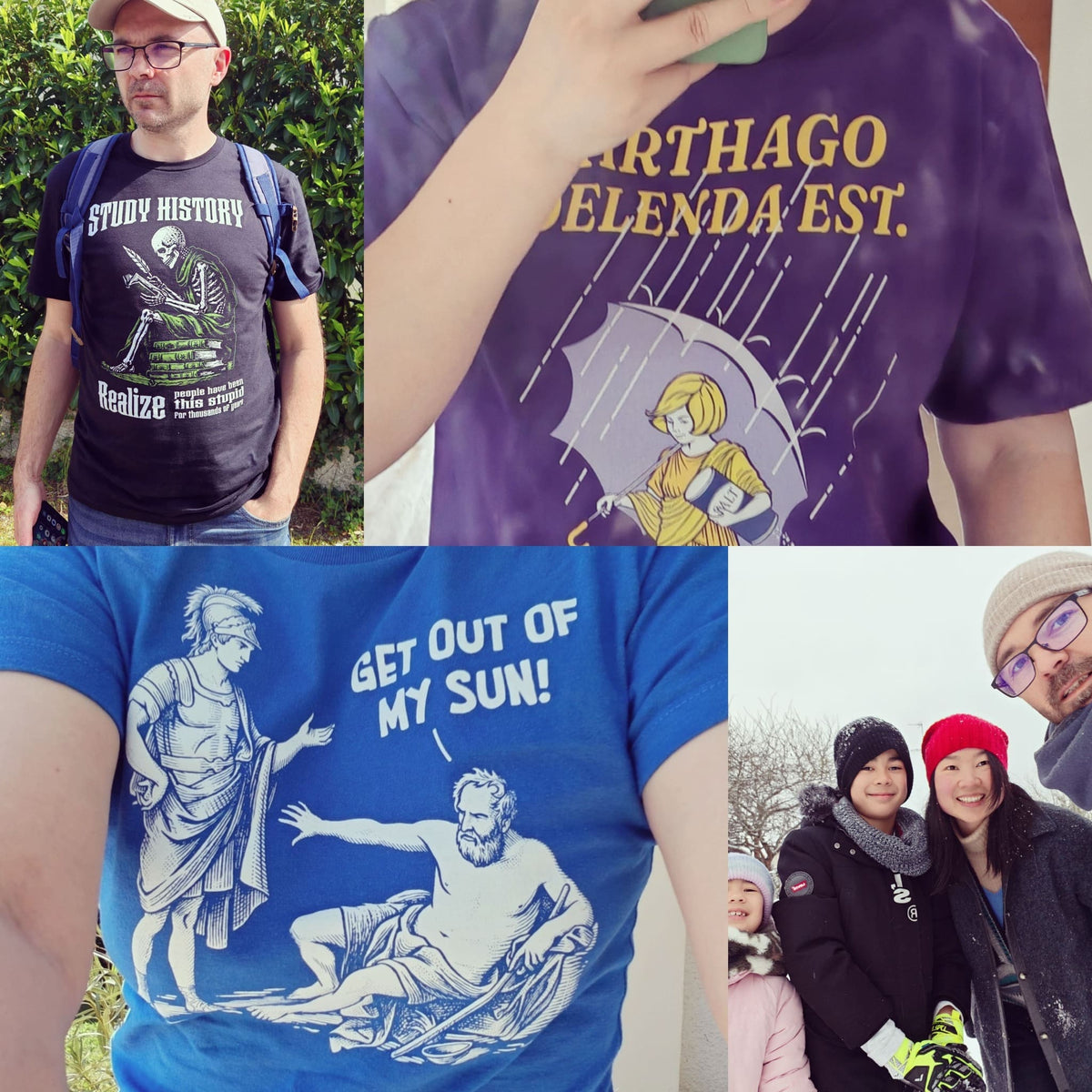 Collage of HistoHead family wearing t-shirts with various designs and text.