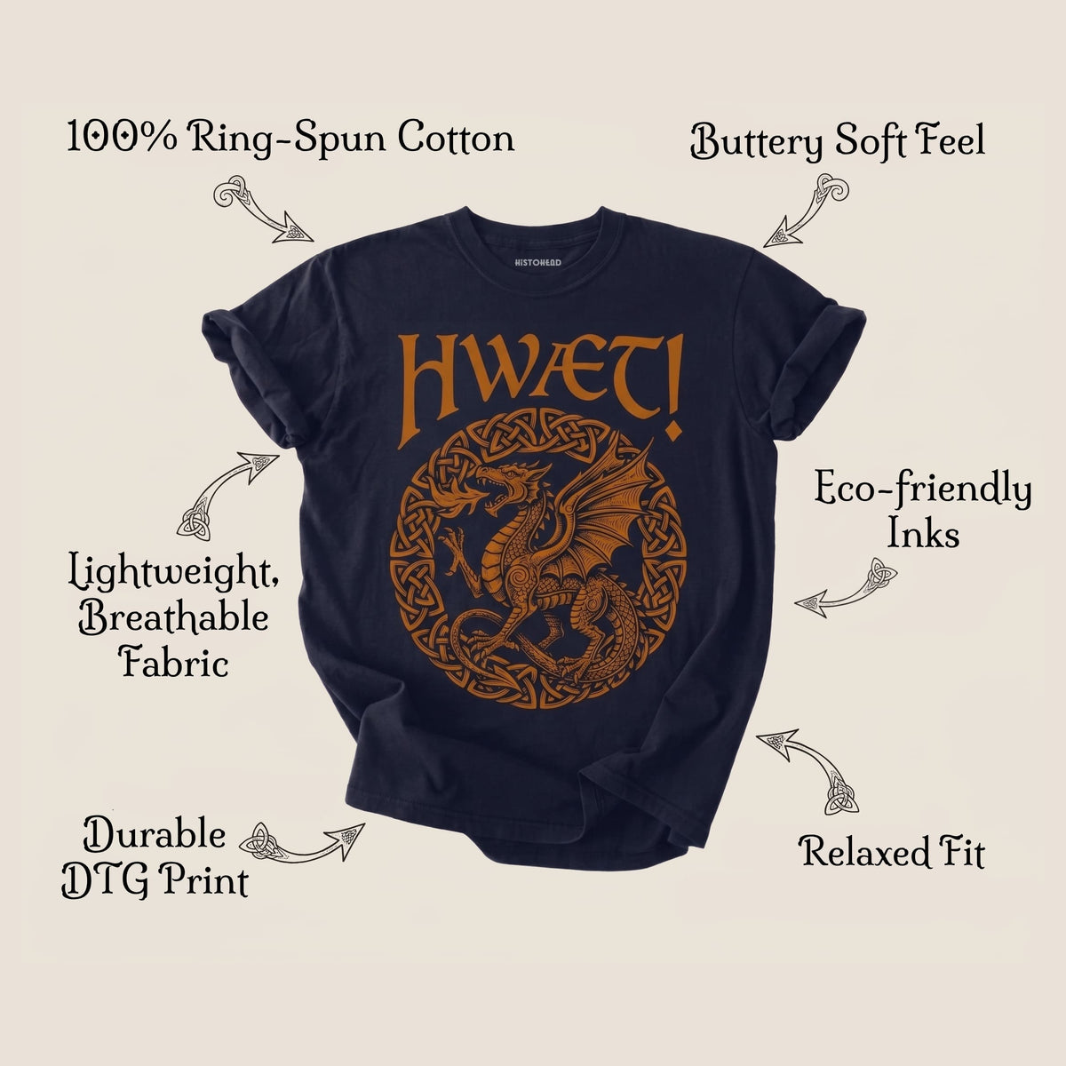 Navy blue t-shirt with orange dragon design and text on a beige background