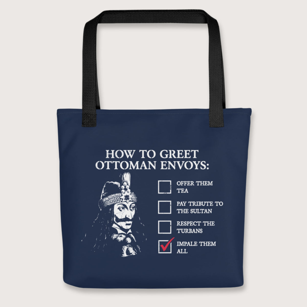 Black Vlad the Impaler How to Greet Guide Bag - history buff gift by HistoHead