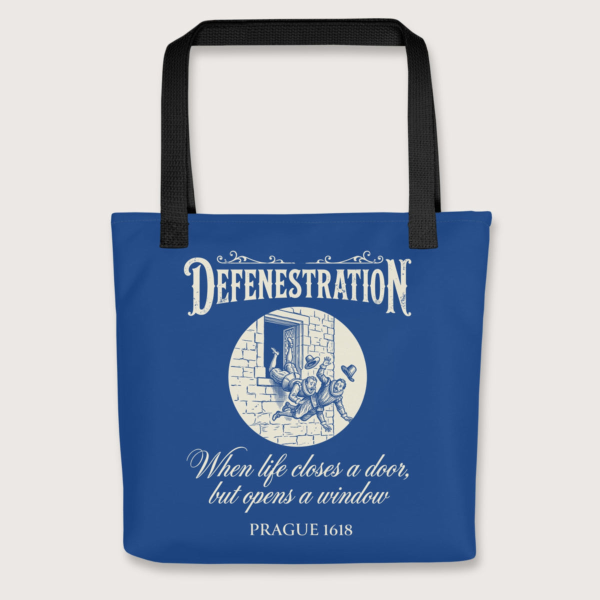 Black Defenestration When Life Closes A Door But Opens A Window Bag - history buff gift by HistoHead