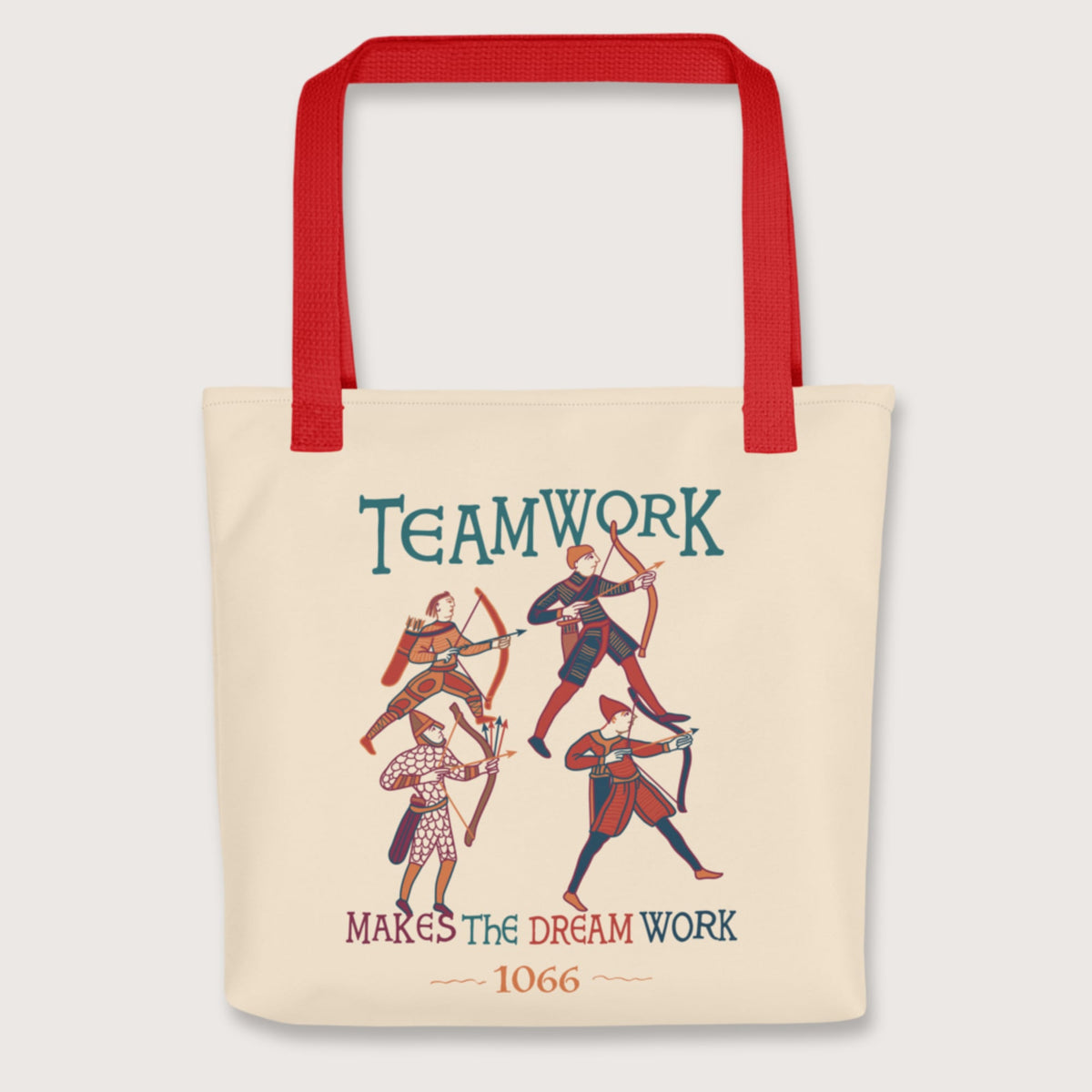 Red Bayeux Tapestry Teamwork Makes the Dream Work Bag - history buff gift by HistoHead