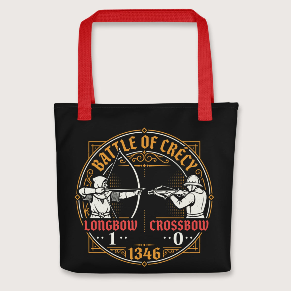 Red Battle of Crécy Longbow vs Crossbow Bag - history buff gift by HistoHead