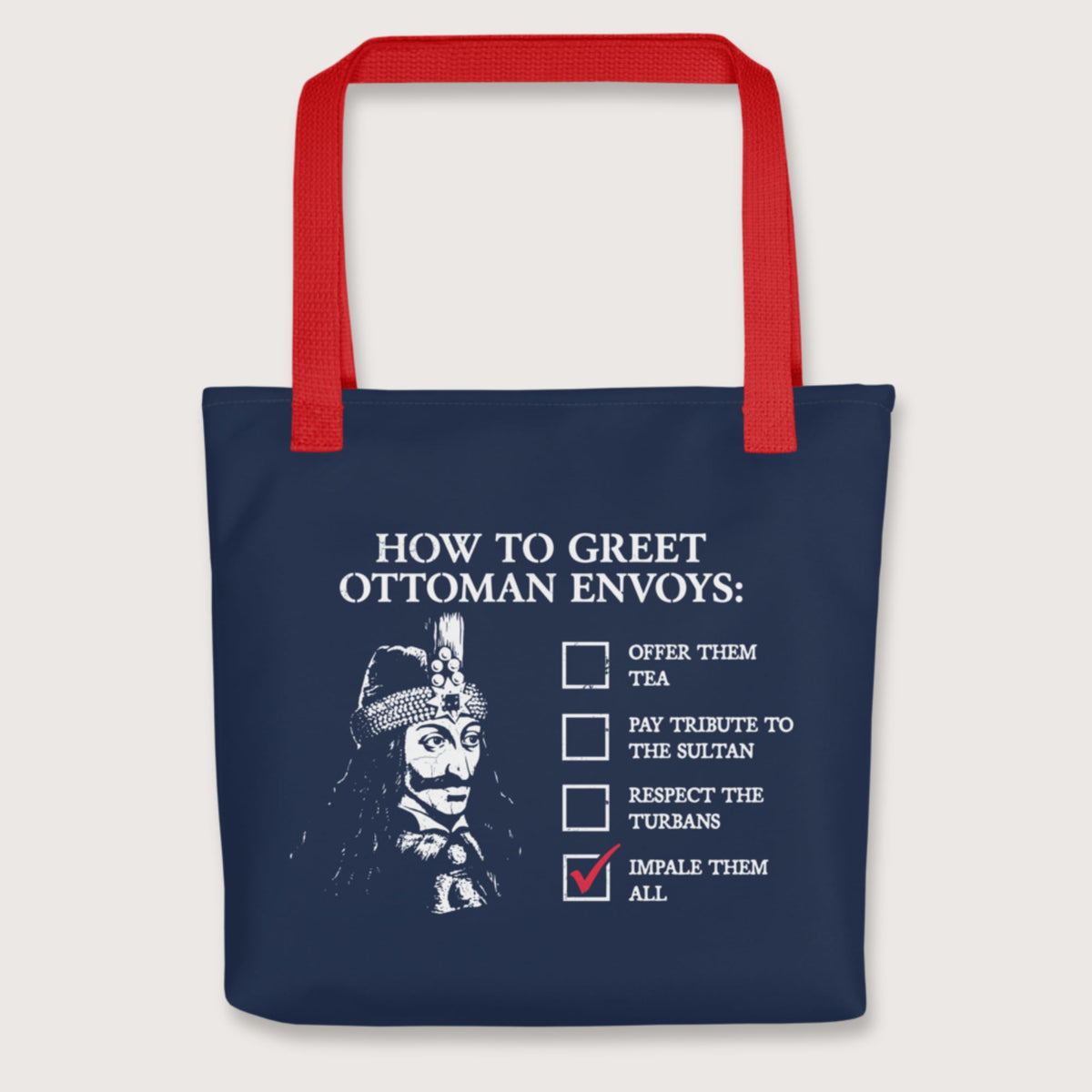 Red Vlad the Impaler How to Greet Guide Bag - history buff gift by HistoHead