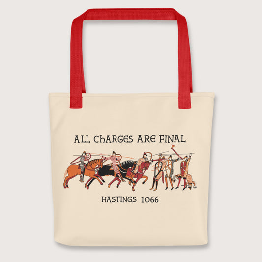 Red Bayeux Tapestry All Charges Are Final Bag - history buff gift by HistoHead