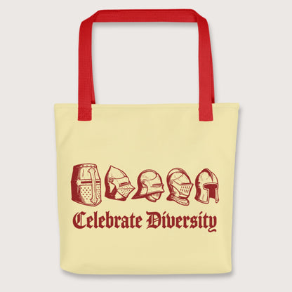 Red Celebrate Diversity Medieval Helmets Edition Bag - history buff gift by HistoHead