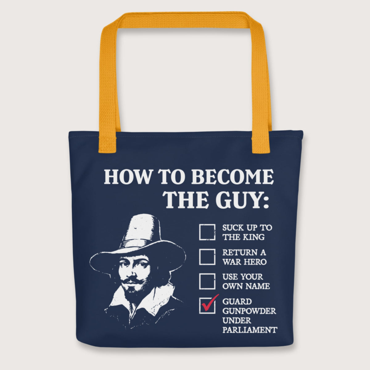 Yellow Guy Fawkes How to Become the Guy Bag - history buff gift by HistoHead