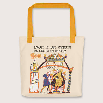 Yellow Bayeux Tapestry What's the Worst That Could Happen in Old English Bag - history buff gift by HistoHead