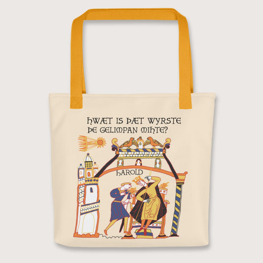 Yellow Bayeux Tapestry What's the Worst That Could Happen in Old English Bag - history buff gift by HistoHead