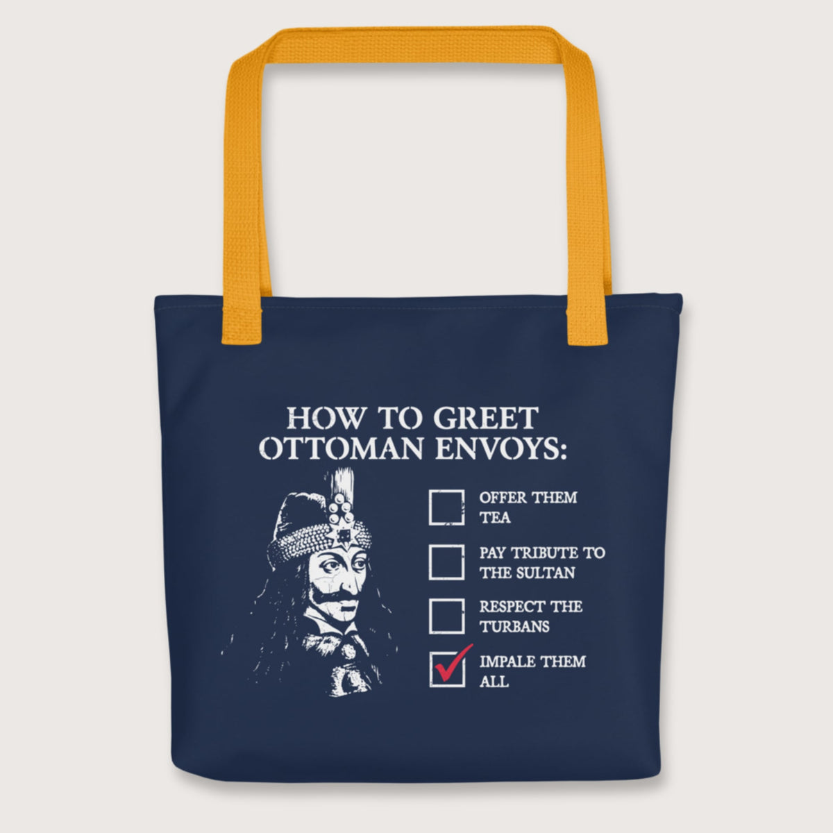 Yellow Vlad the Impaler How to Greet Guide Bag - history buff gift by HistoHead
