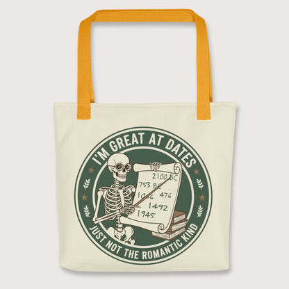 Yellow Great At Dates Bag - history buff gift by HistoHead