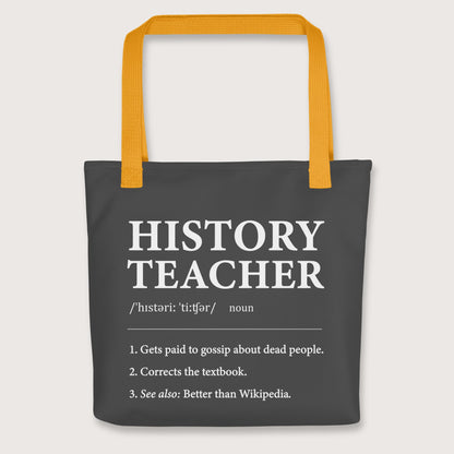 Yellow History Teacher Definition Bag - history buff gift by HistoHead