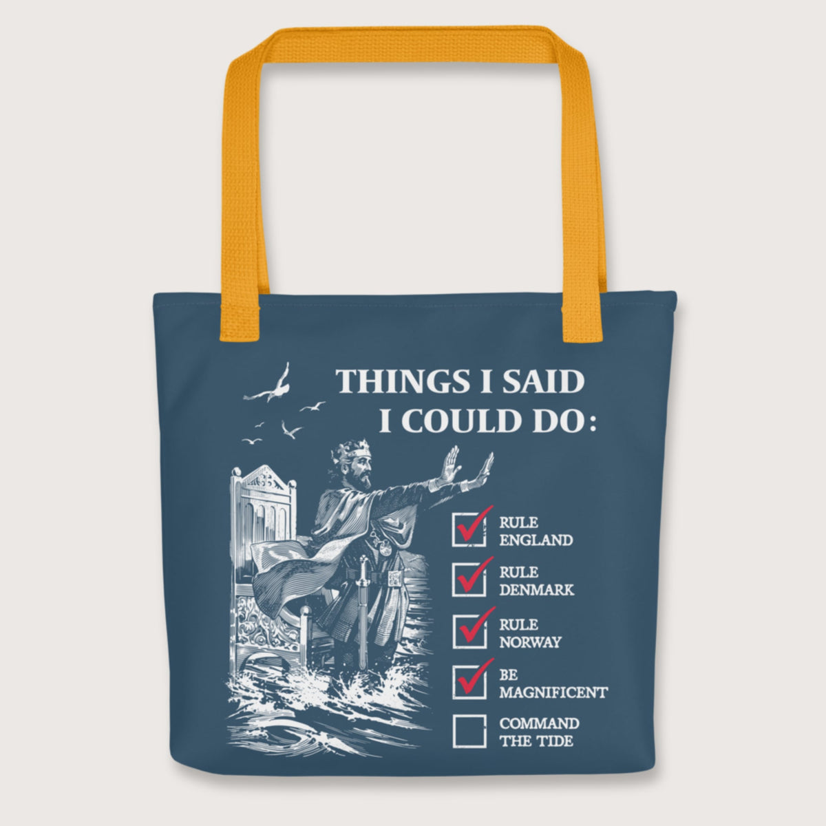 Yellow Cnut the Great Commanding the Tide Bag - history buff gift by HistoHead