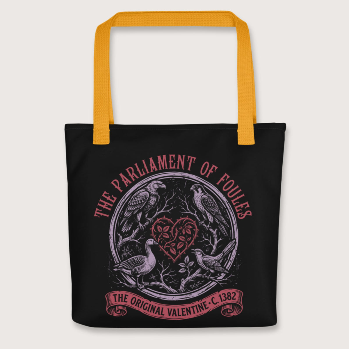 Yellow Chaucer Parliament of Foules Valentine Bag - history buff gift by HistoHead