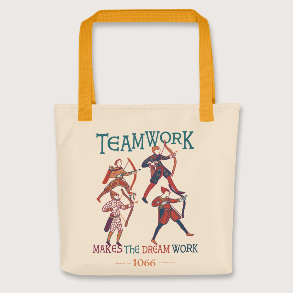 Yellow Bayeux Tapestry Teamwork Makes the Dream Work Bag - history buff gift by HistoHead