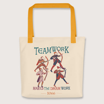 Yellow Bayeux Tapestry Teamwork Makes the Dream Work Bag - history buff gift by HistoHead
